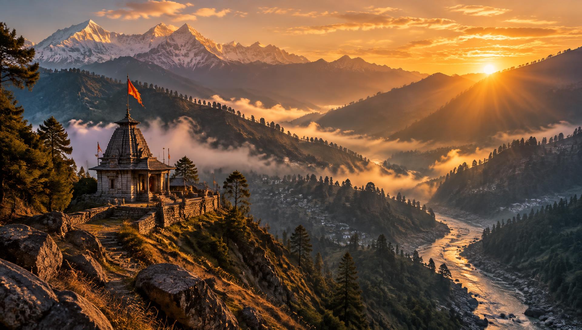 Sunrise over a Himalayan valley with a saffron-flagged hill temple